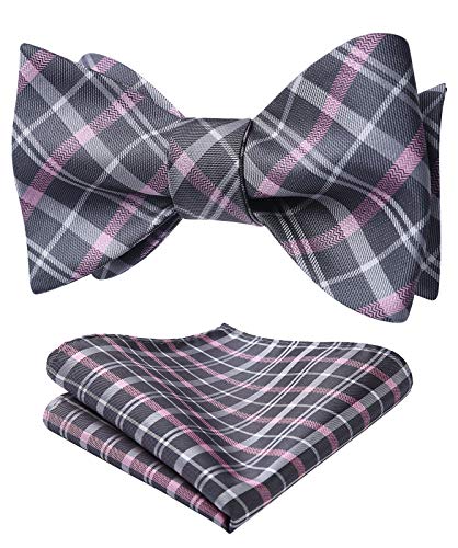 HISDERN Men's Self Bow Tie and Handkerchief Set Check Bowtie Set for Wedding Party Business Jacquard Cravat