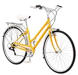 Schwinn Wayfarer Hybrid Bicycle, Featuring Retro-Styled 16-Inch/Small Steel Step-Through Frame and 7-Speed Drivetrain with Front and Rear Fenders, Rear Rack, and 700C Wheels, Yellow