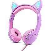 Olyre Kids Headphones, Safe 85db Volume Control Light Up Cat Ear Headphones for iPad Fire Tablet Kindle, On-Ear LED Children Headphones for School Learning Travel - Purple/Pink