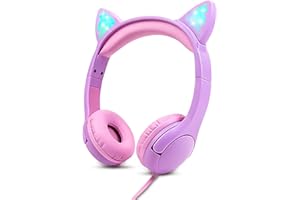 Olyre Kids Headphones, Safe 85db Volume Control Light Up Cat Ear Headphones for iPad Fire Tablet Kindle, On-Ear LED Children Headphones for School Learning Travel - Purple/Pink