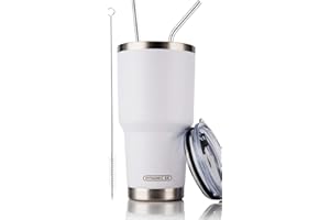 D·S 30oz White Tumbler Stainless Steel Double Wall Vacuum Insulated Mug with Straw and Lid, Cleaning Brush for Cold and Hot Beverages (30oz White)