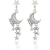 Silver Needle Moon Tassel Earrings - Star Pendant Multi Layer Vintage Fashion Ear Stud Jewelry for Women Friends