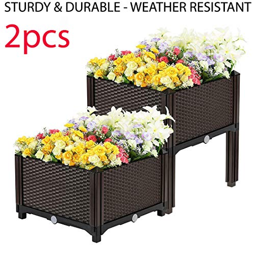 2pcs Sturdy & Durable – Weather Resistant Raised Garden Bed Elevated Flower Vegetable Grow Planter Box for Gardens, Patios, Balconies, Restaurants, Cafes & Anywhere (15.5″x15.5″x17″)