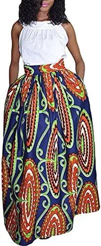 SKYHALO Women's Casual African Print Dashiki Maxi Long Skirts A Line Dress With Pocket