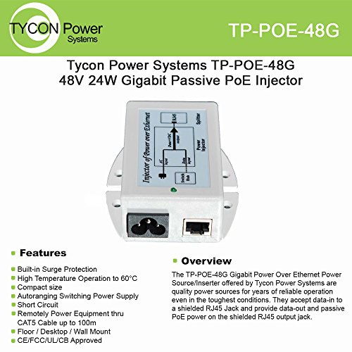 Tycon Systems TP-POE-48G 24W Gigabit POE Power Inserter - US Power Cord, 48V