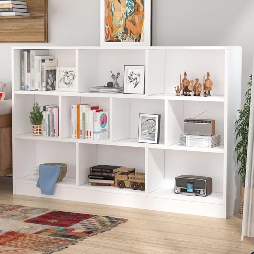 Librero de 10 Compartimentos, 3 Repisas Librero Organizador, Librería Vertical de Pie, Librería Cubby Sencilla Blanco Para Exposición, Almacenaje, para Sala,Oficina,Dormitorio, 120*104*24 CM