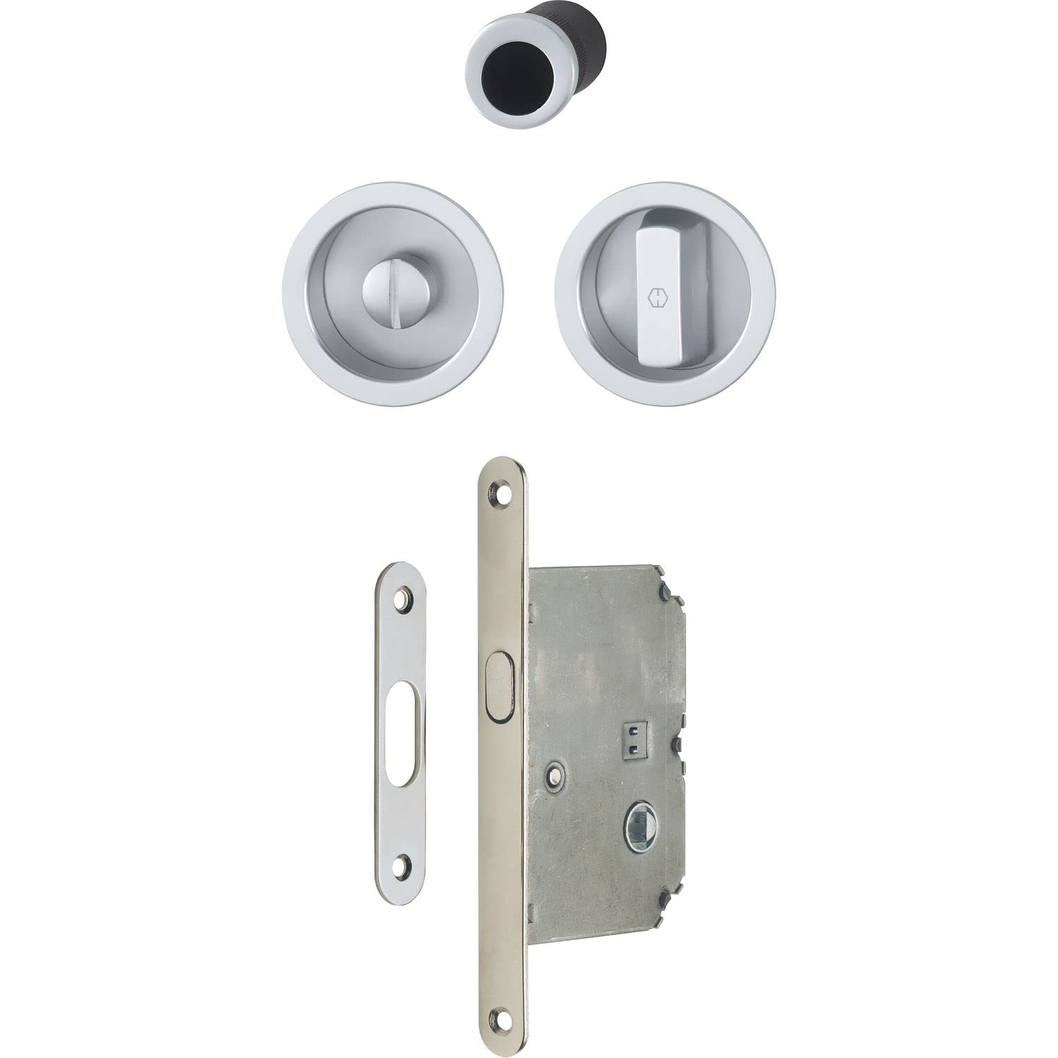 HOPPE 4920 Sliding Door Shell Set with Lock, Round Rosette Toilet, Chrome-Plated Satellite | Shell Handles