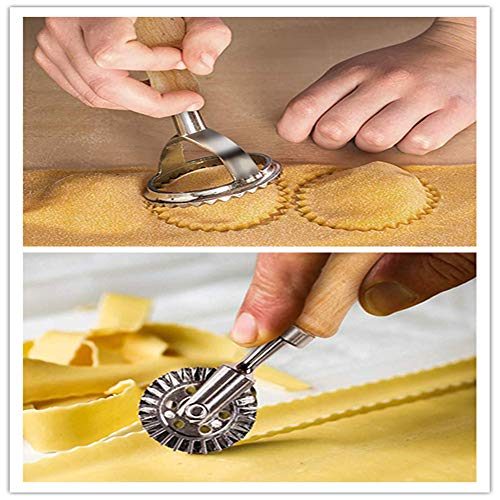 Ravioli Stamp Set, Transser Ravioli Maker Cutter Stamp, Wooden Handle and Fluted Edge Tool, Pasta Press Kitchen Attachment (4-Set,Round & Square & Cutter) - Thumbnail 3