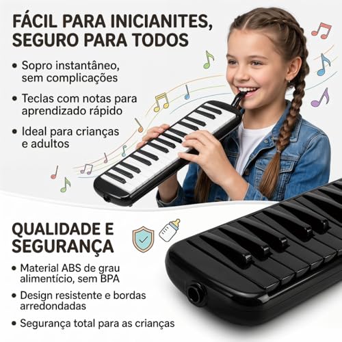 VEDO Escaleta 37 Teclas Infantil, com Bocal Duplo e Bolsa, Teclado De Piano de Ar, Instrumento Musical, Instrumentos Musicais de Brinquedo, Adequado Para Crianças e Adultos, Presente Perfeito, Preto