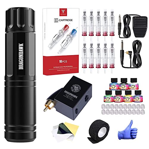 Dragonhawk Tattoo Kit Rotary Tattoo Pen Machine Kit Wireless Tattoo Gun Kit Cartridges Needles