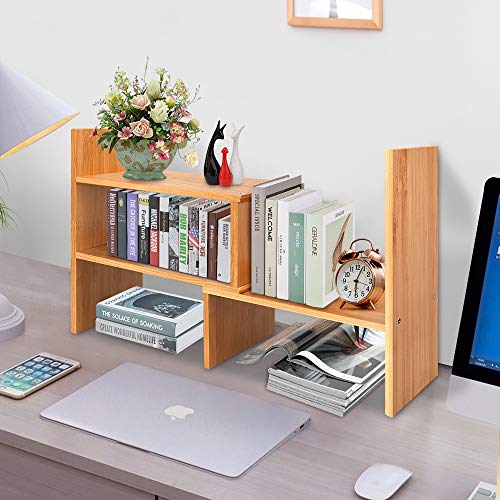 Desktop Bookshelf Adjustable Wood Display Shelf Countertop Bookcase Office Supplies Desk Organizer Accessories - Natural Bamboo Stand Shelf