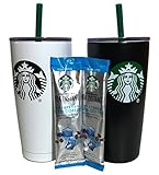 Holiday Starbucks Tumbler Gift Set Bundle With VIA Instant Sweetened Iced Coffee Packets, 20 oz, Black and White