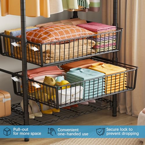 VIPEK V10 Wire Garment Rack 5 Tiers Heavy Duty Clothes Rack with Hanging Rods, Wire Shelves & 2 Slid Storage Baskets, Large Size Clothing Rack 68.9" W x 15.7" D x 76.4" H, Max Load 920 LBS, Black