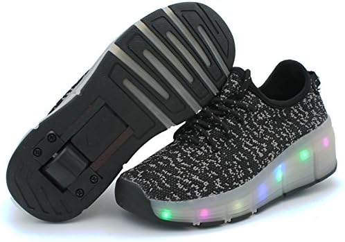 Kids LED Roller Skate Shoes Boys Girls Mesh Flyknit Upper Wheel Lace Light Up Fashion Sneakers (4 M US Big Kid, Black)