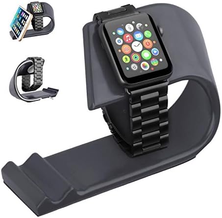 Phone&amp;Apple Watch Stand, TenSteed Apple Watch Sturdy Aluminum Paint Platform, Charging Dock Station Holder for iWatch 38mm/42mm (Black)