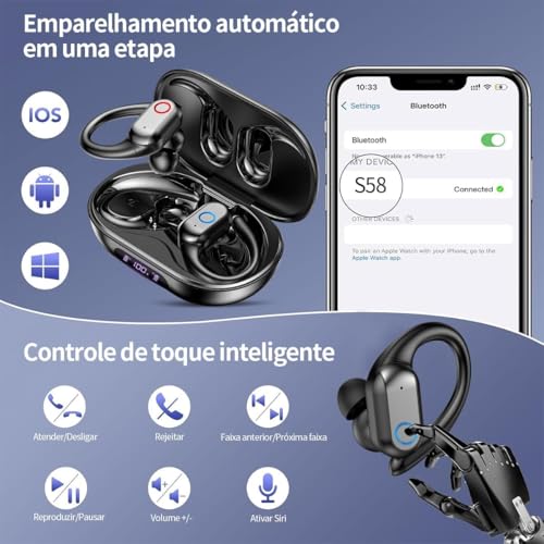 Fones de Ouvido Bluetooth Sem Fio, Esportivo c/ 80h de Reprodução com LED Display e com Gancho Anti Quedas, IPX7 à Prova d'Água, Graves Profundos, Compatível com iOS e Android - Esportes/Treino