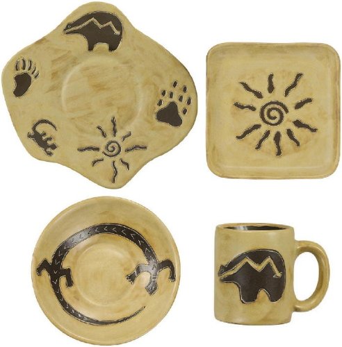 MARA STONEWARE COLLECTION - 16 Piece (4 Person) Odd Shaped Dinnerware Place Setting - Southwest, Gecko, Bear, Sun