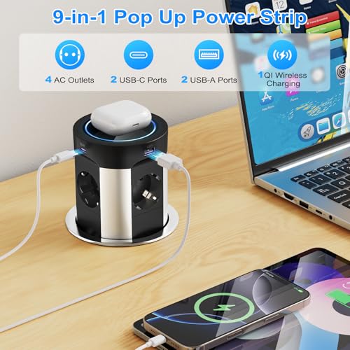 Built-in 9-in-1 Worktop Socket, 4-Outlet Retractable Power Strip 2 USB-C PD 75W Total, Qi Wireless Charging 15W, Pressure Open, Cable 1.8 m, Ø100 mm, Black