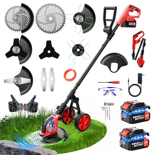 Decespugliatore Tagliabordi a Batteria 30cm con Motore Brushless, 2 Batterie 3000mAh, 20000 Giri/min, 4 Lame, Asta Telescopica Regolabile, Decespugliatore Elettrico per Prato Erba Alta Bordi Giardino