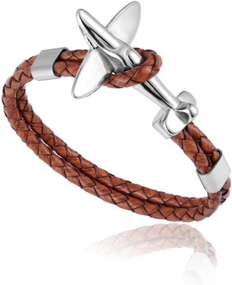 Airstream Titanium Stainless Steel Retro Airplane Anchor Bracelet Multilayer Genuine Leather Bracelet for Men Women Friendship Gifts