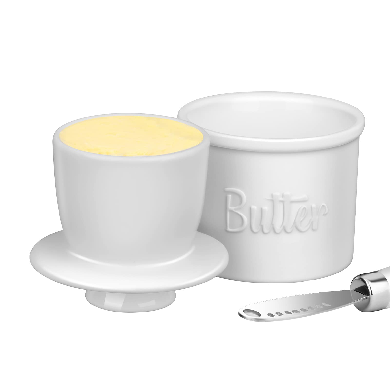 Photo 1 of Butter Crock with Spreader, French Butter Keeper with Water Line for Counter, The Original Porcelain Butter Dish. Gift for Thanksgiving, Christmas and Mother’s Day,JSHKY. (Color: White)
