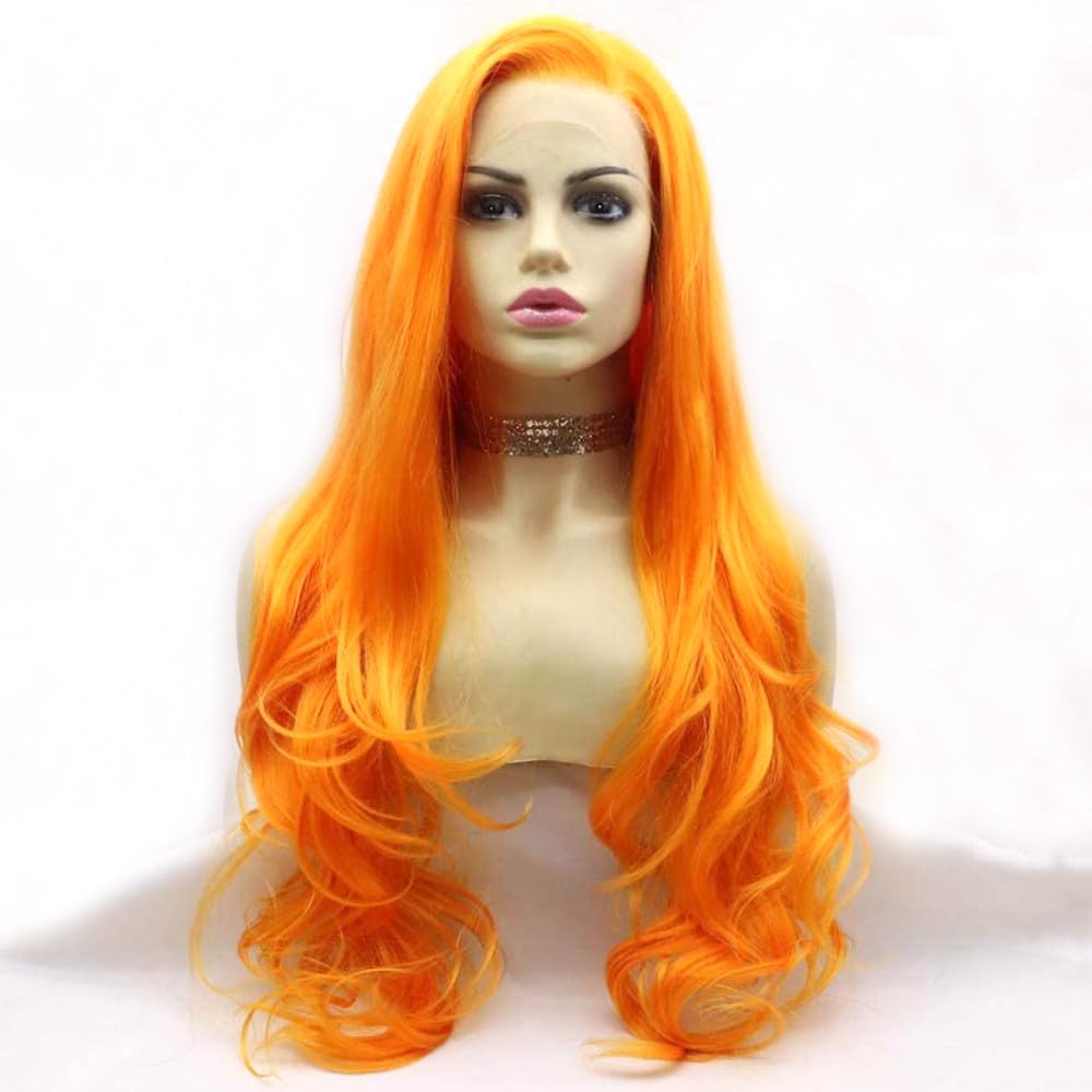 xiweiya Long Bright Orange Wavy Synthetic Lace Front Wigs HD Lace Yellow Orange Hair with Heat Resistant Fiber Hair Replacement Wig Soft Hair wig Middle Part Wig for Women Cosplay 24 inch