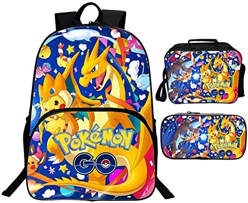 Backpacks for Primary School 3D Pokemon Printing Student Backpack + Lunch Bag + Pencil Case, Teen Girls & Boys School Bookbag