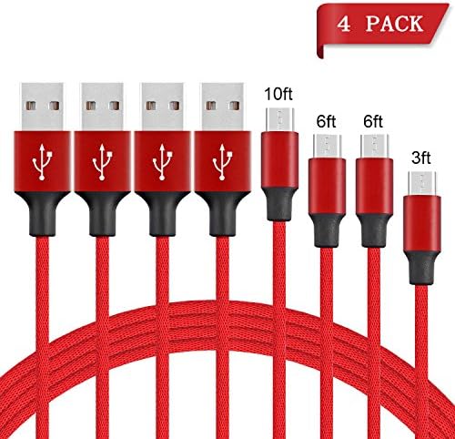 Micro USB Cable HWTONG 4 Pack 10FT 6FT 6FT 3FT, Nylon Braided High Speed USB Micro USB Charging Cable, Sync and Charging Cord for Samsung, Nexus, Motorola, Android Smartphone etc [Red]
