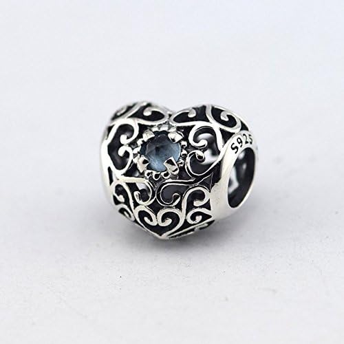 925 Sterling Silver September Signature Heart with Synthetic Sapphire Charm Bead Fit European Charms Bracelet
