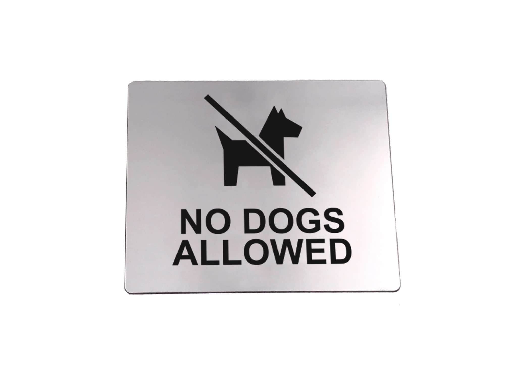 No Dogs Allowed Sign Adhesive Sticker Notice, Metallic Silver Engraved Black with Universal Icon Symbol and Text (Size 12cm x 10cm). Shipped Globally.