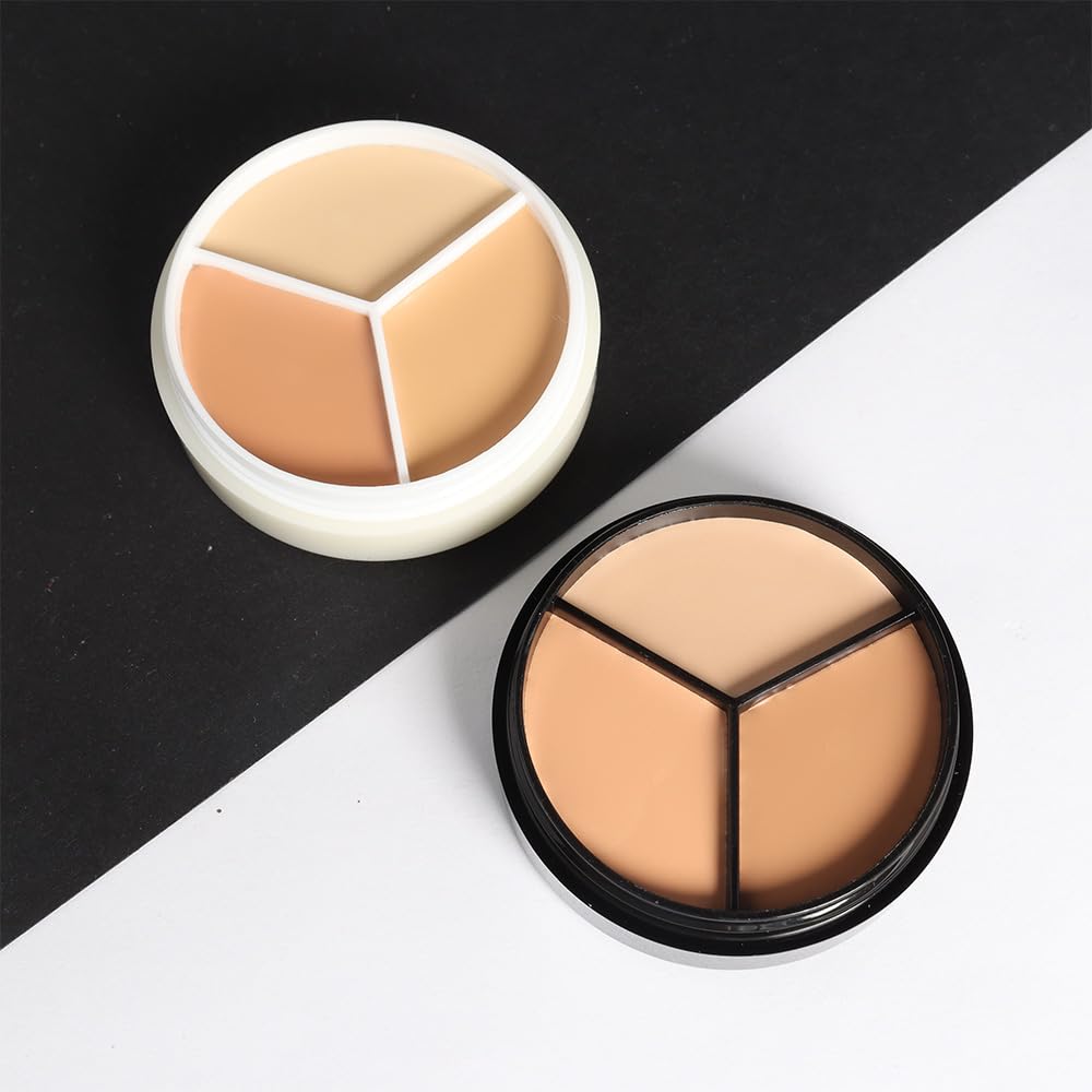 Pro 2pcs Tri-color Face Concealer Contour Palette.Demi Beige Color Correct Cream Foundation Palet.Natural Ivory Cream Makeup Plate Waterproof