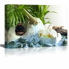 Canvas Prints Wall Art - Orchids and Zen Stones with Falling Water Spa Concept | Modern Wall Decor/Home Decoration Stretched Gallery Canvas Wrap Giclee Print. Ready to Hang - 12" x 18"