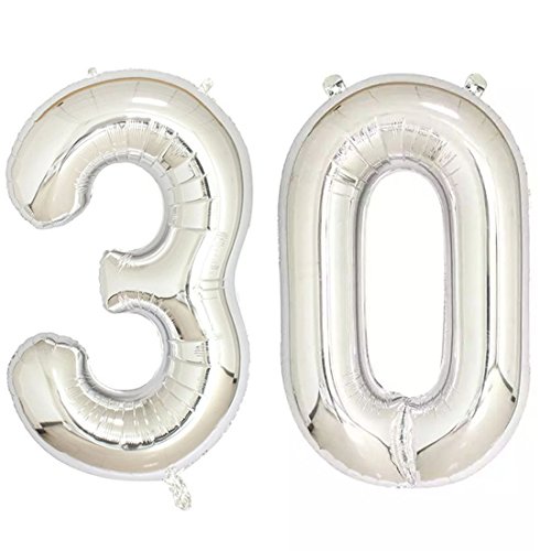 40inch Silver Foil 30 Helium Jumbo Digital Number Balloons, 30th Birthday Decoration for Women or Men, 30 Year Old Birthday Party Supplies