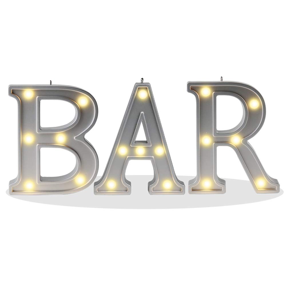 Photo 1 of Pooqla Decorative Illuminated BAR Marquee Word Sign (Silver, 3.47" W x 4.21" H x 0.79" D) - LED Sign for Indoor BAR Decor