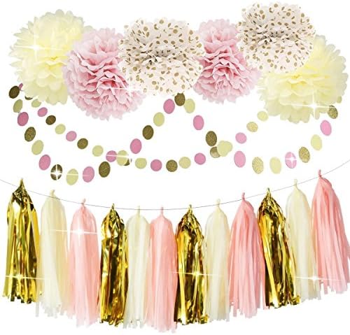 Bridal Shower Decorations Tissue Pom Pom Pink Cream Glitter Gold Tissue Paper Pom Pom Paper Tassel Garland Polka Dot Tissue Poms for Girl Baby Shower Decorations Pink Gold Party Decor First Birthday