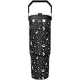 Goth Tumbler with Straw and Lid Gift for Boys Girls Gothic Water Bottle Halloween Travel Kettle Cup for Car Cold and Hot Stainless Steel Double Wall Insulated Mug (star moon, 30oz)
