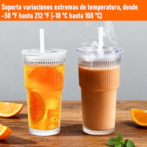4 Piezas Vasos de Cristal de 550ml, Vaso de Vidrio con tapa y popote, para café/batidos/cócteles y jugos/vasos/Whisky/Capuchino