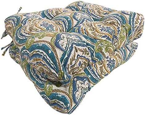 Four Seasons BeiJiaErSeries (Set of 2) All Weather Chair Pads Wicker Seat Cushions Home Garden Patio with Full-Length Ties for Non-Slip Support (19" x 19" x 5") (Blue Green Brown Leaf)