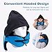 LANGRIA 6-in-1 Memory Foam Neck Support Travel Pillow with Detachable Hood Adjustable Neck Size for All Ages Side Elastic Pocket Neck Travel Cushion for Plane Train Car Bus Office (Blue)