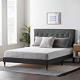 LUCID Upholstered Bed with Square Tufted Headboard -Linen Inspired Fabric –Sturdy Wood Build –No Box Spring Required Platform, Queen, Charcoal