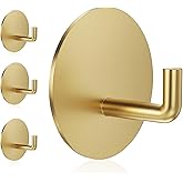 Adhesive Hooks Heavy Duty Waterproof in Shower Hooks for Hanging Loofah, Towels, Clothes, Robes for Bathroom Removable Adhesive Wall Hooks Door Hook Stainless Steel Stick on Hooks 4 Pcs (Gold)