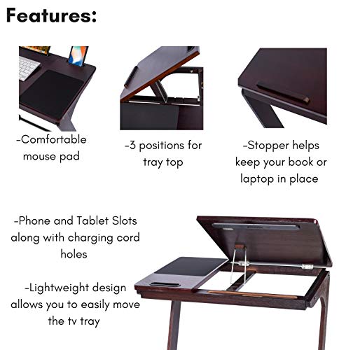 Sofia + Sam Sofa Side Table TV Tray Tablet Phone Slots | Wooden Z Legs | Couch Console Lapdesk | Adjustable Top Table | Laptop Stand | Small Breakfast Eating Food | Dinner Lunch Snack Reading