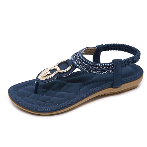 CARETOO Damen Sandalen Frauen Bohemian Strass Sandals PU Leder Elastischen Strand Schuhe Zehentrenner
