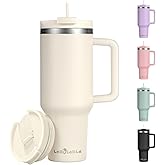 Labulabla 40oz Tumbler with Handle,Double Wall Vacuum Reusable Stainless Steel Insulated Water Bottle,With Leak Proof lid and Straw for Iced or Cold Beverages (Beige)