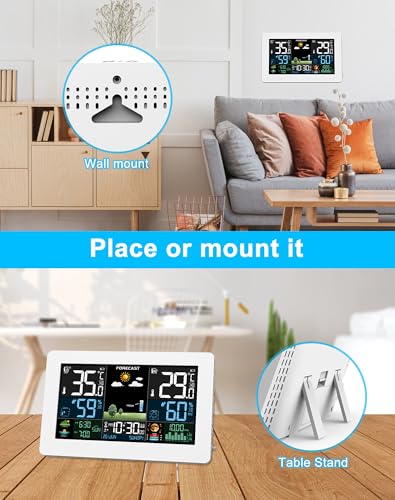 Indoor and Outdoor Weather Station with Color Display, Weather Forecast, Temperature, Humidity, LCD Alarm Clock with Repeat Function and Air Pressure
