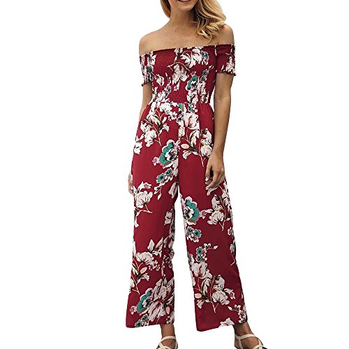 Corriee Rompers for Teen Girls Cute Cold Shoulder Strapless Floral Print High Waist Jumpsuits Summer Long Playsuits Red - Thumbnail 6