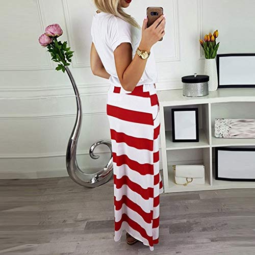 Clearance! Elogoog Womens Casual Elastic Waist Stripe Skirt Stretch Hight Waist Stripe Maxi Long Skirts with Pockets (L, Red)