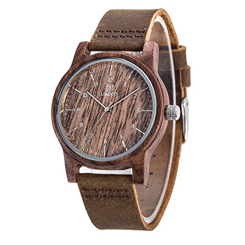 Uwood Men's Wooden Watch Handmade Classic Wooden Quartz Movement Casual Wrist Watch with Cowhide Leather,Christmas Gift (C)