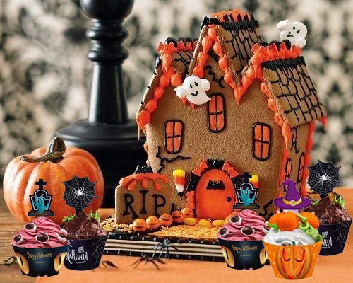 Halloween Cupcake Toppers Wrappers, Spider Witch's Hat Zombie Hand for Halloween Party Cupcake Decorations,48pcs.