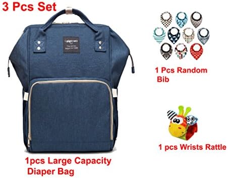 Diaper Bag Backpack for Baby Diapering Kits Free Infants Bibs &amp; Animal Wrist Rattle, Water Resistant Large Capacity Compartment Nappy Bags similar to Skip Hop Insulated Pockets 2018 Design (Navy Blue)